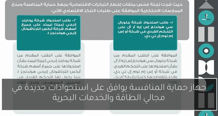 جهاز حماية المنافسة يوافق على استحواذات جديدة في مجالي الطاقة والخدمات البحرية