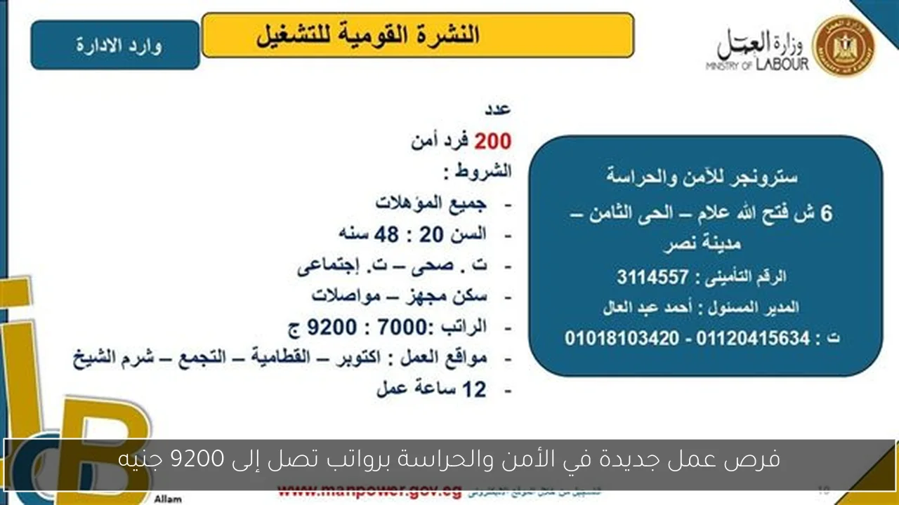 فرص عمل جديدة في الأمن والحراسة برواتب تصل إلى 9200 جنيه