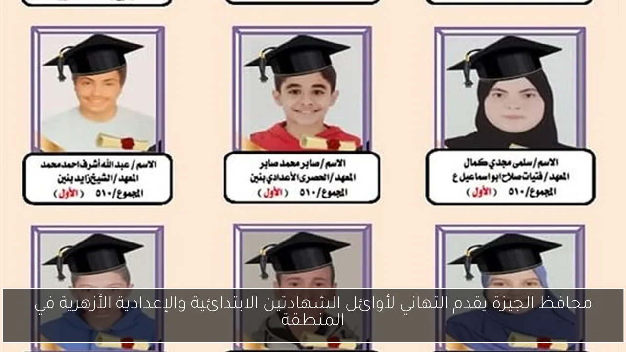 محافظ الجيزة يقدم التهاني لأوائل الشهادتين الابتدائية والإعدادية الأزهرية في المنطقة