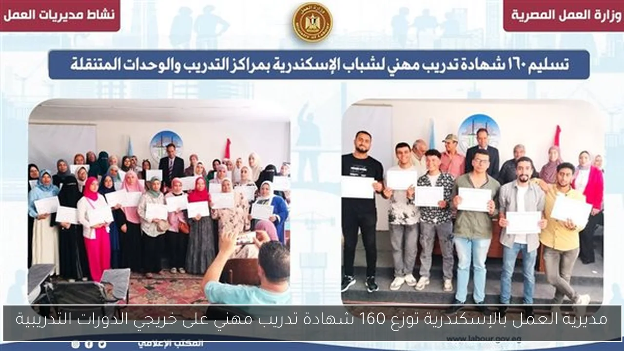 مديرية العمل بالإسكندرية توزع 160 شهادة تدريب مهني على خريجي الدورات التدريبية