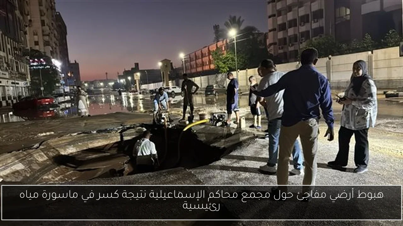 هبوط أرضي مفاجئ حول مجمع محاكم الإسماعيلية نتيجة كسر في ماسورة مياه رئيسية