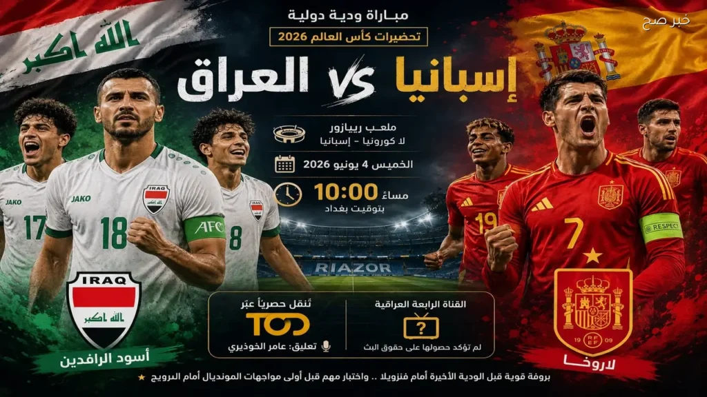 مباراة العراق وإسبانيا الودية: القنوات والتشكيلة قبل كأس العالم 2026