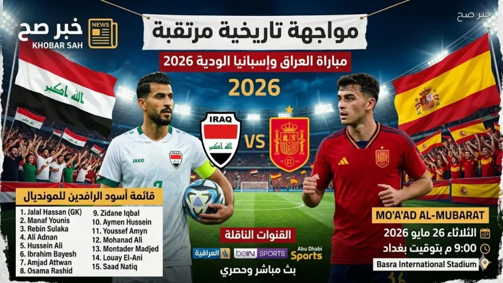 مواجهة تاريخية تقترب.. موعد مباراة العراق وإسبانيا الودية 2026 والقنوات الناقلة وقائمة أسود الرافدين للمونديال
